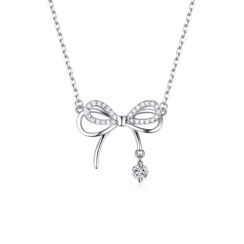 1pcs 999 Sterling Silver Bowknot & CZ Drop Necklace, Elegant Trendy Style, Ideal For Birthday & Valentine's Gifts