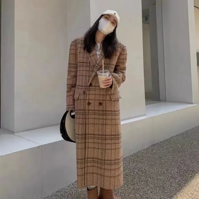 Checked Double sided Wool Coat For Women Long Knee length Autumn And Winter Camel - Shop at LoveMi