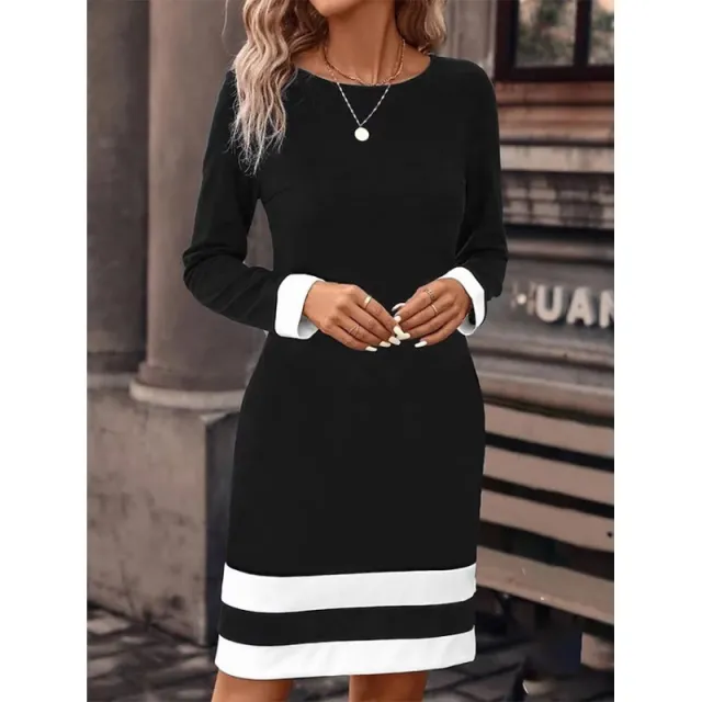New Fashion Fitted Color block Long sleeve Dress With Round Neckline Black - Shop at LoveMi