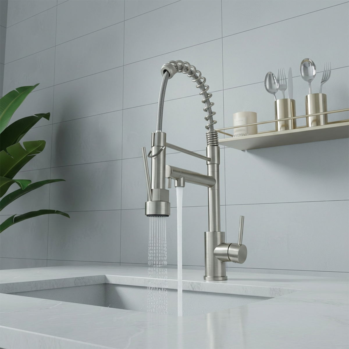 Touch Kitchen Faucet With Pull Down Sprayer, Single Handle Stainless Steel Spring Neck Kitchen Faucet, 2 Function Spray Head, Single Hole Installation, Brushed Nickel