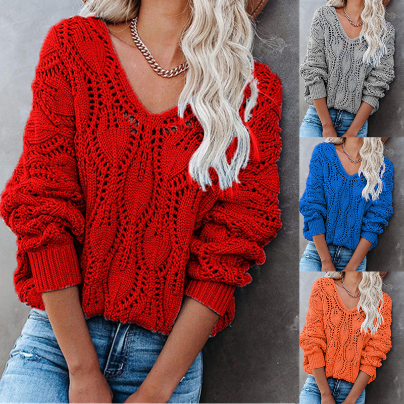 Pure Color Hollow V-neck Knit Long Sleeve Pullover Sweater