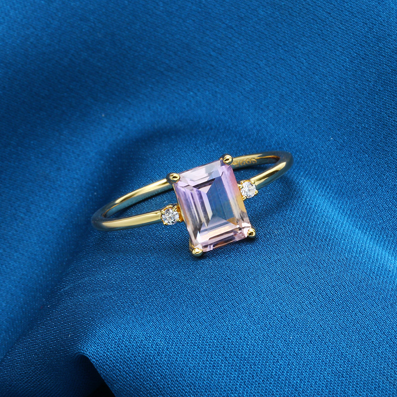 925 Silver Octagon Rectangle Purple Yellow Crystal Ring Female