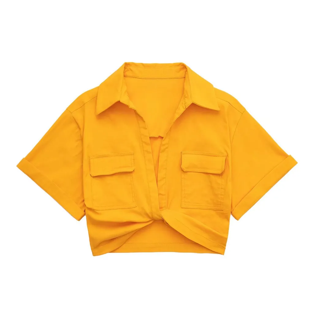 Solid Color Versatile Knot Embellishment Double Pocket Short Sleeved Shirt - Yellow