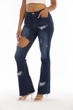 Women's New Ripped Denim Flared Pants - Dark Blue - View 1