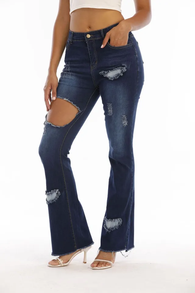 Women's New Ripped Denim Flared Pants Dark Blue - Shop at LoveMi