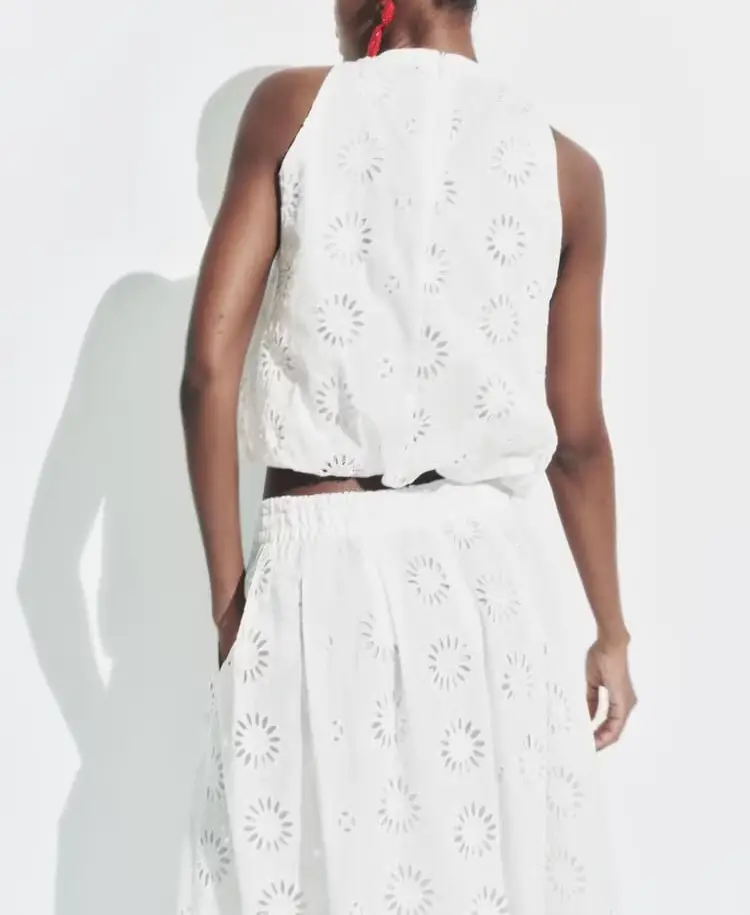White Hollow-out Embroidered Top High Waist Skirt