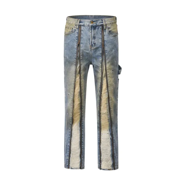High Street Trendy Brand Long Zipper Split Burnt Out Speckled Ink Jeans Q083 - Shop at LoveMi
