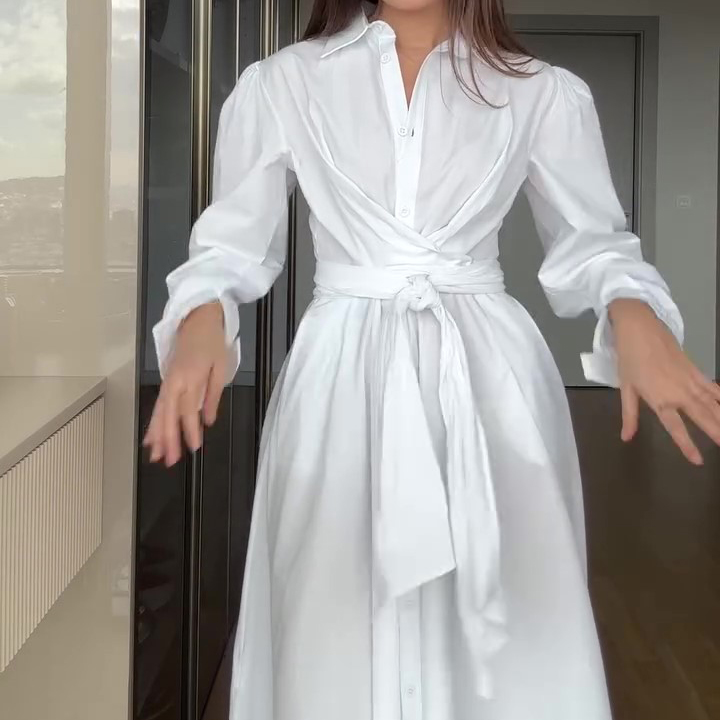 White Strappy Long Sleeve Shirt Dress