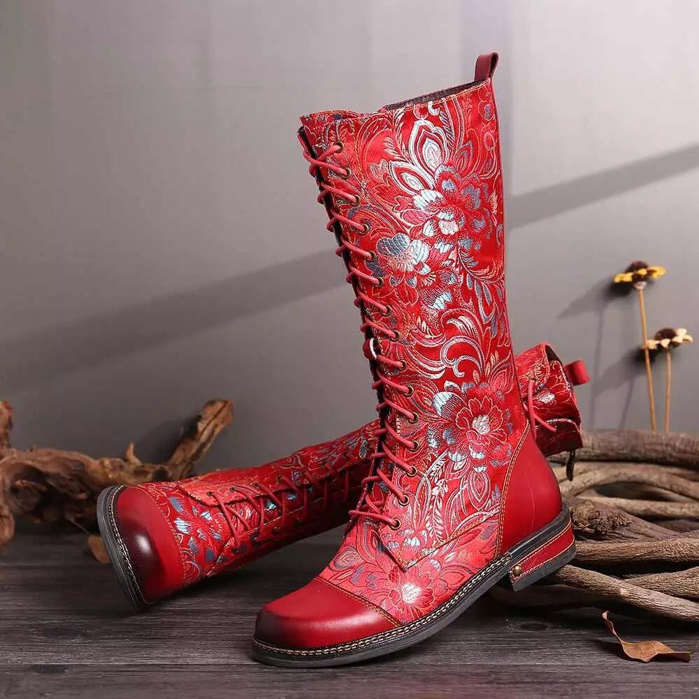 Embroidered Flat Bottom Martin Boots