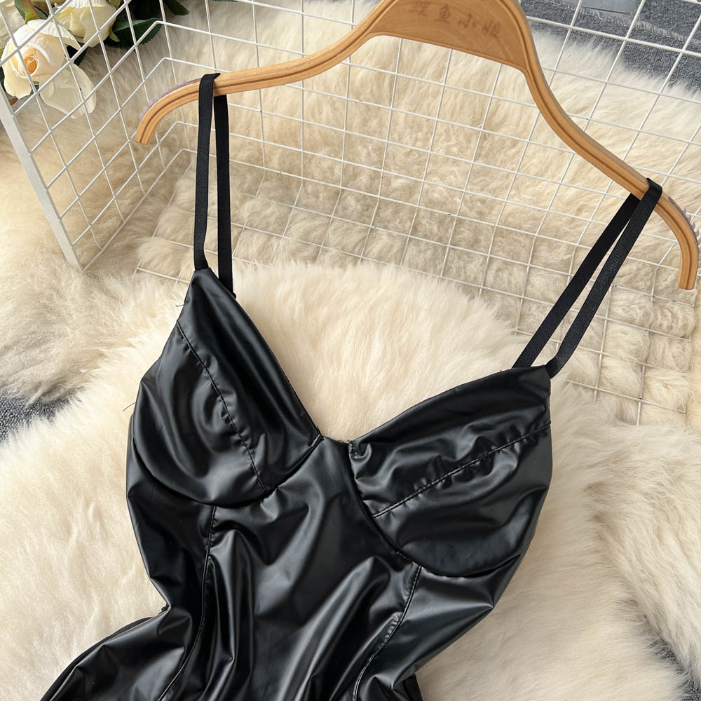 Women's PU Leather Sling V-neck Bra Bodysuit - Image 4