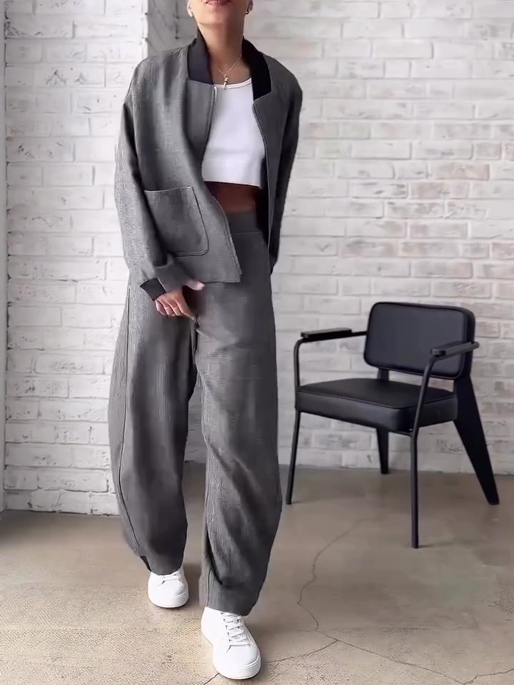 Dark Grey Textured Baseball Collar Zip Jacket & Wide-Leg Pants Set