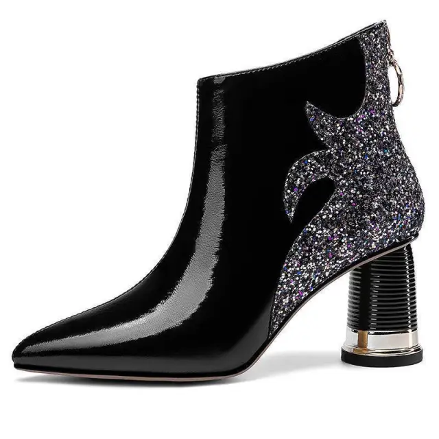 Real Soft Leather High heeled Rhinestone Pointed Toe Boots Black - Shop at LoveMi