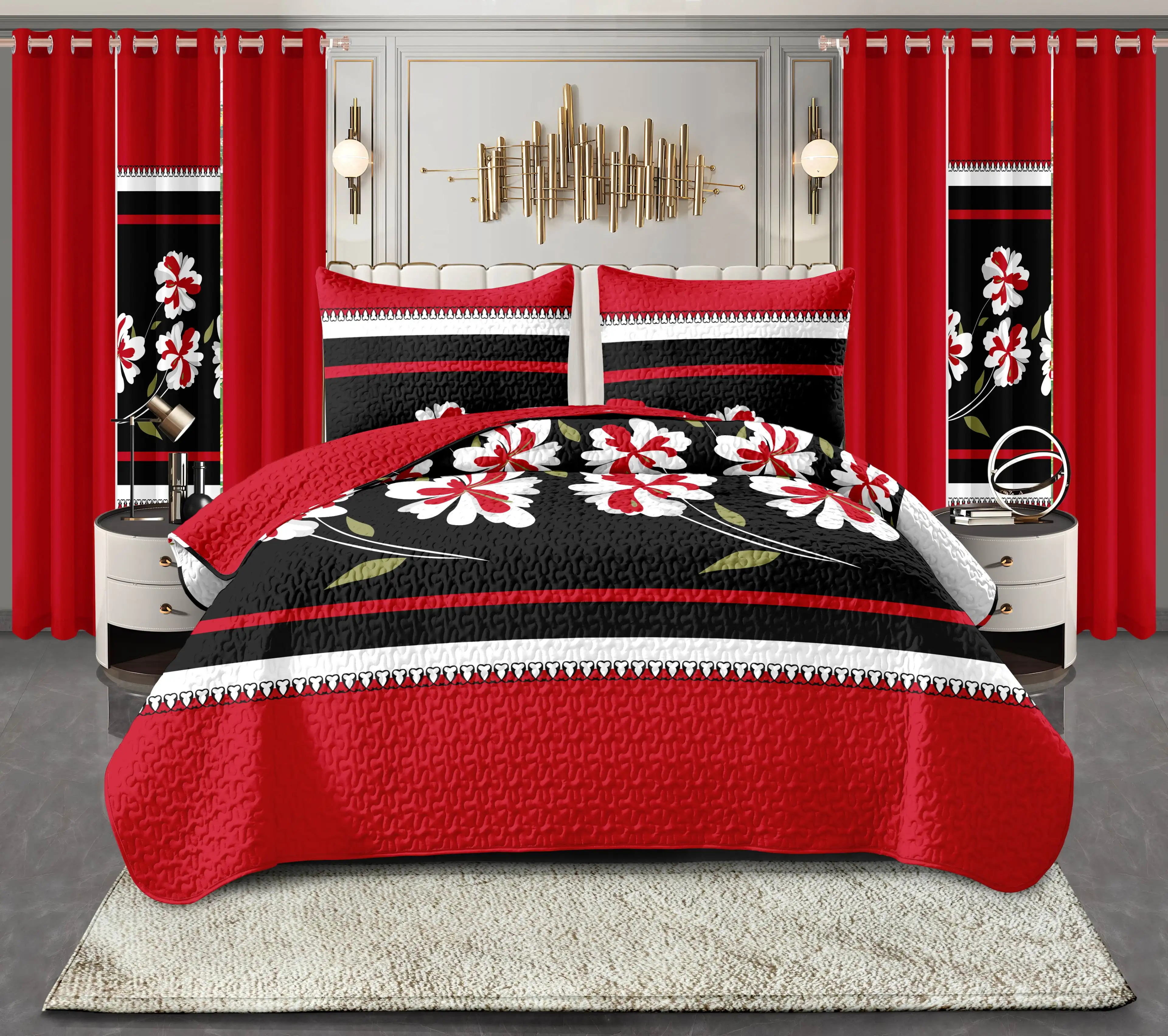 9-Piece Black Red Floral Bedspread Set