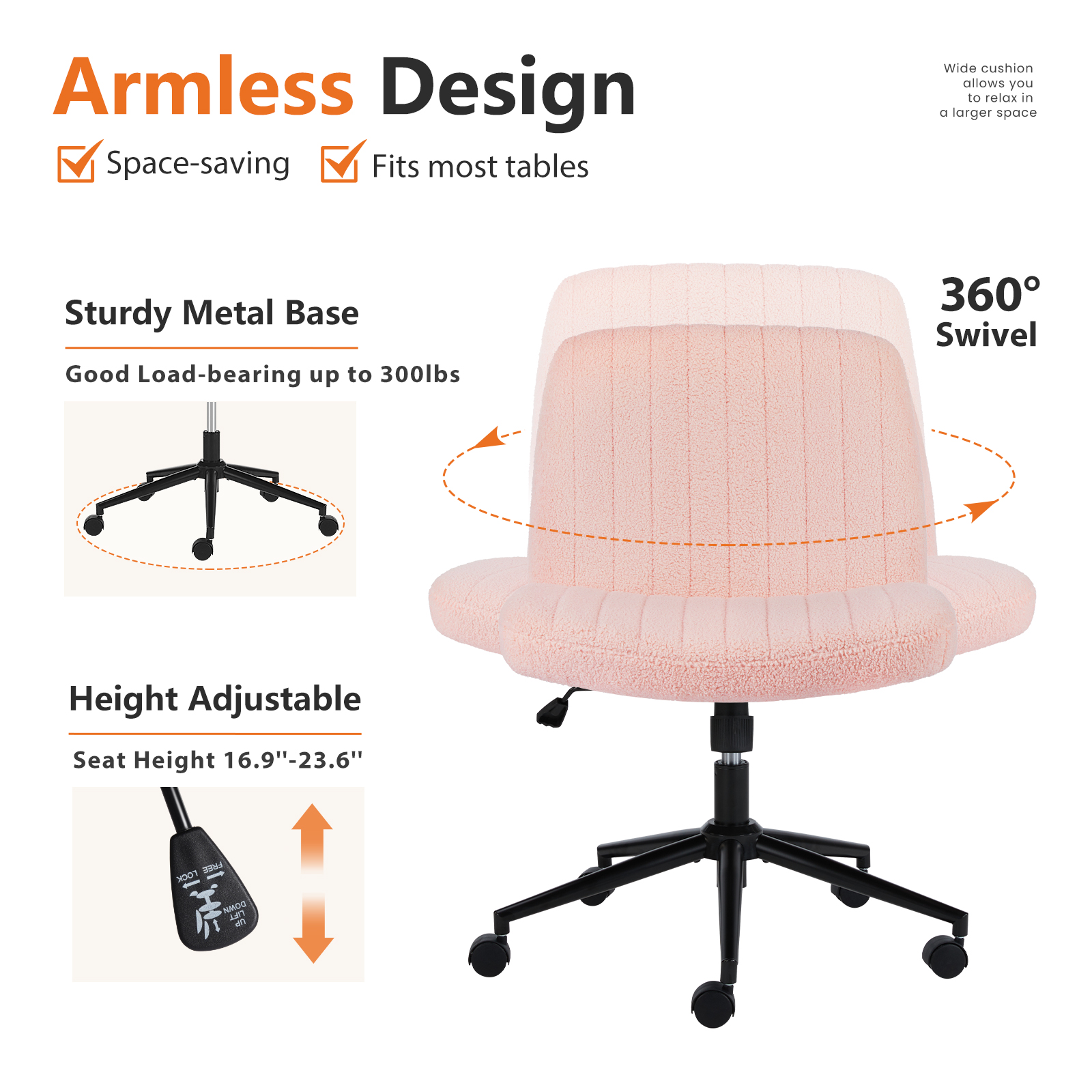 Office Desk Vanity Chair Cross Legged Armless Swivel Fabric Height Adjustable Wide Seat With Replaceable Wheels-Fixed Base, Comfy Task Chair Padded image 27