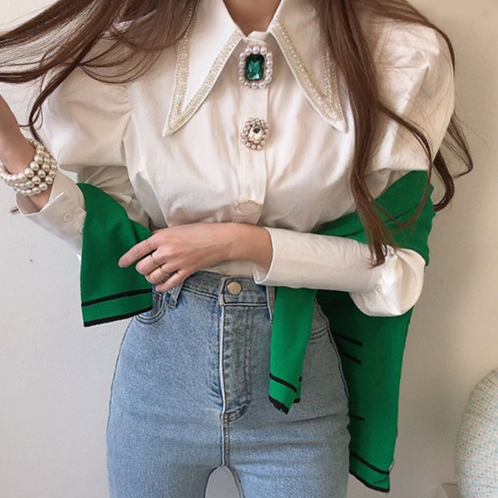 Women's Beaded And Diamond Pointed Collar Shirt