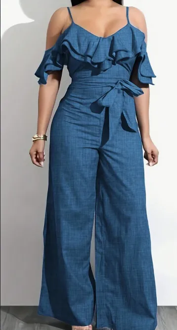 Women's Solid Color Loose Casual Jumpsuit Blue - Shop at LoveMi