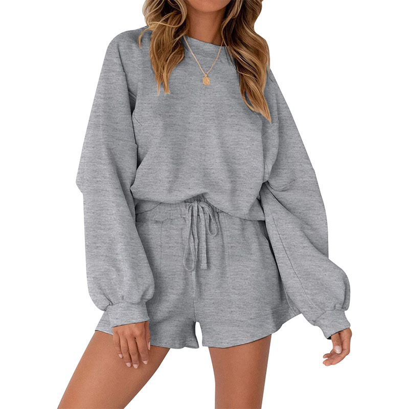 Casual Sports Sweatshirt Suits Loose Pullover Top And Drawstring Shorts Two piece Set Womens Clothing Grey - Shop at LoveMi