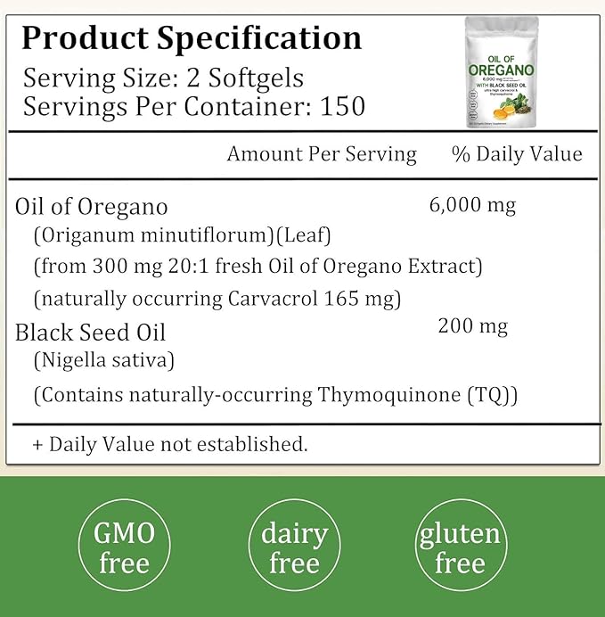 Oregano Black Seed Oil Softgels, 300 Capsules. 2 in 1 Oil of Oregano Softgels Each serving of oil of oregano capsules contains 6,000mg oil of oregano with 200mg black seed oil. Oil of oregano with black seed oil are combined into one and work together Pre