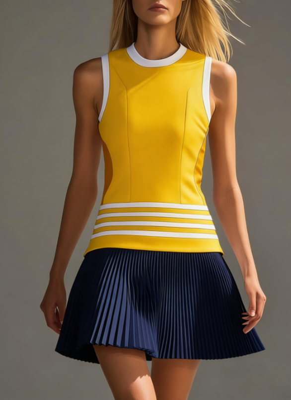 Fresh And Girly Style, Round-neck Striped Pleated Sports Skirt
