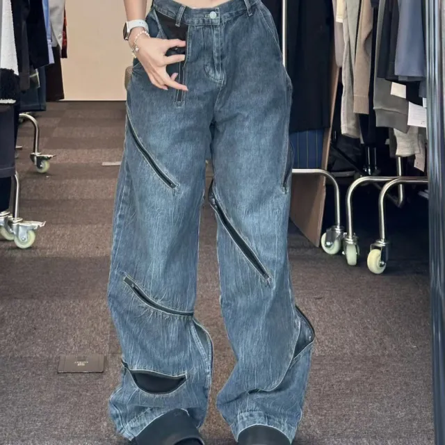 Ripped Lined Jeans Women's Full Straight Loose Wide Leg Feeling Long Pants Blue - Shop at LoveMi