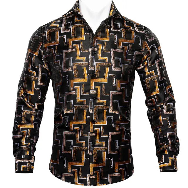 Barry.Wang Teal Paisley Floral Silk Shirts Men Autumn Long