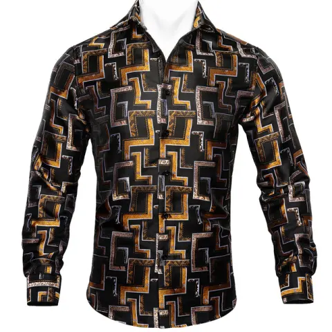 Barry.Wang Teal Paisley Floral Silk Shirts Men Autumn Long