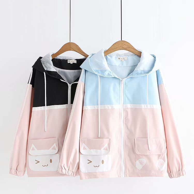New Women's Color Matching Loose Version Hooded Zipper Jacket