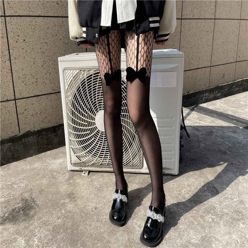Pure Desire Bow Stockings Sexy Black Silk Summer Thin Anti Hook Black Suspender Jumpsuit Socks