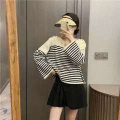 New V-neck Shoulder Button Knit Loose Stripe Women's Sweater - Stripe - View 1