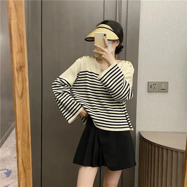 New V neck Shoulder Button Knit Loose Stripe Women's Sweater Stripe - Shop at LoveMi
