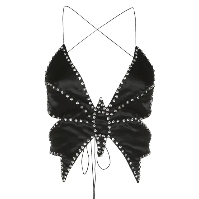 Lace Up Butterfly Hot Drill Slim Vest Black - Shop at LoveMi