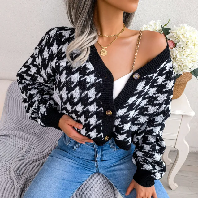 Ins Casual Lantern Long Sleeve Thousand Bird Check Cardigan Sweater Black - Shop at LoveMi