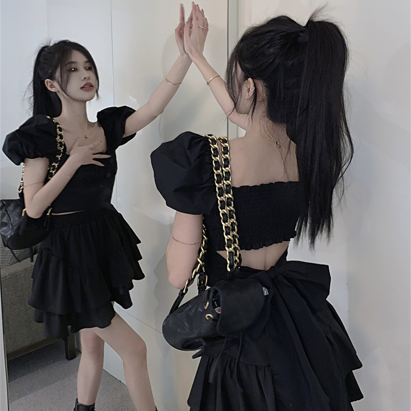 Women's Pure Desire Short Black Square Collar Short Sleeve Shirt