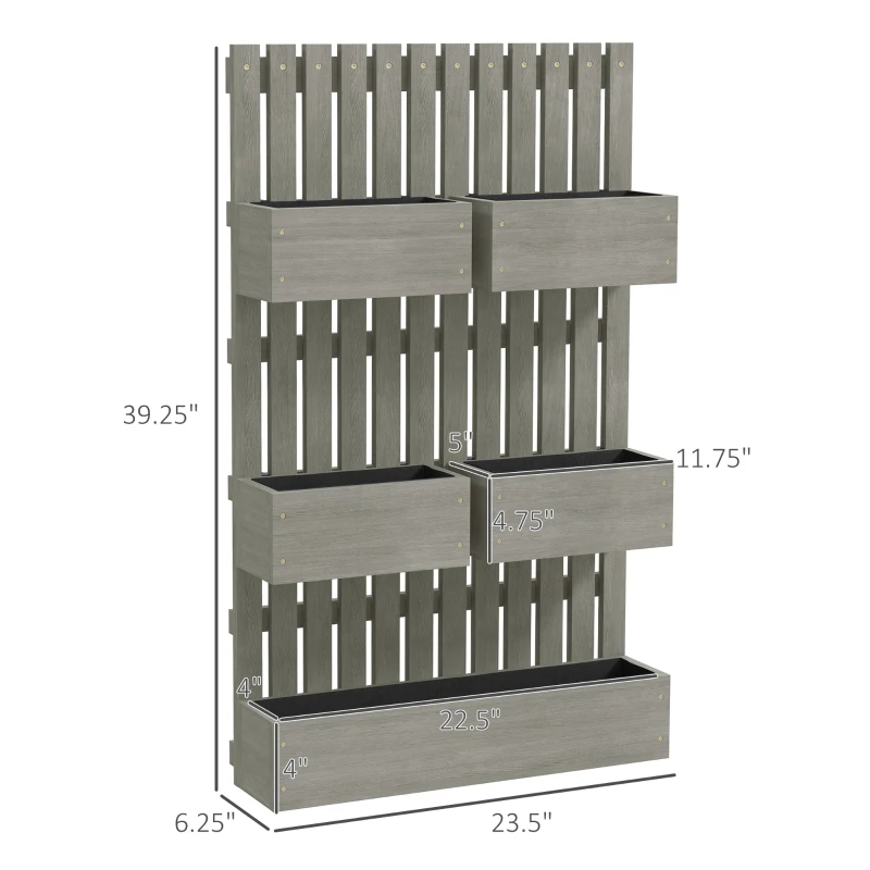 5 Box Raised Garden Bed W Trellis For Climbing Plants, Wall-Mounted Wood Planters W Drainage Holes, Gray