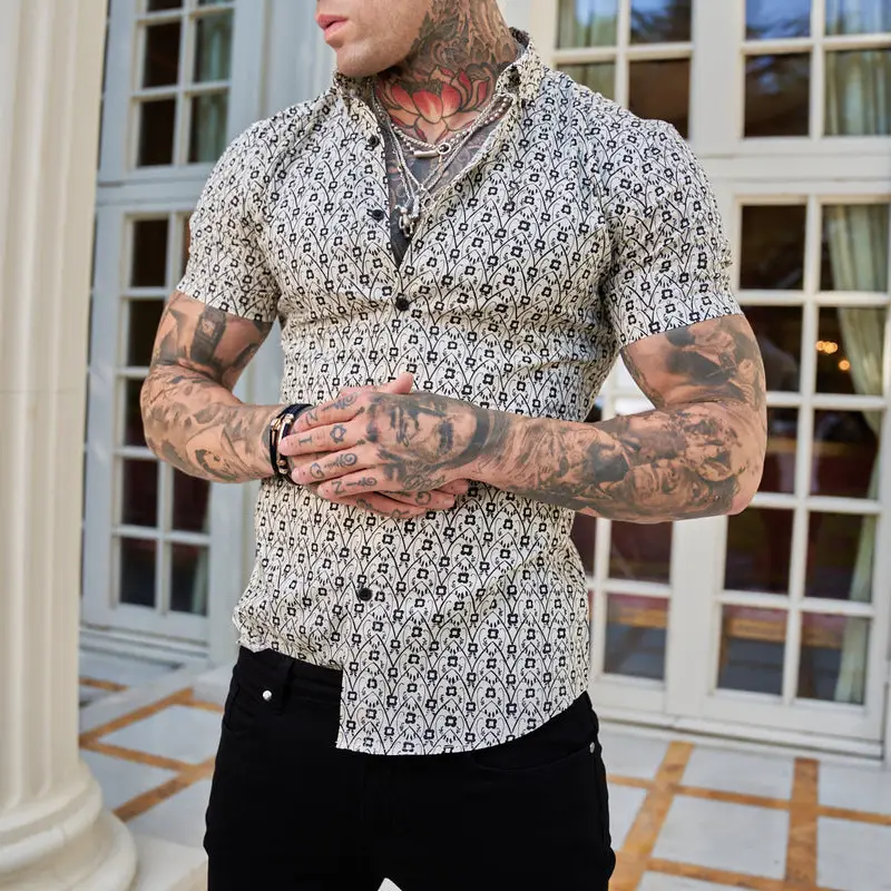 European And American Men's Summer Slim Fashion Stretch 3D Printing Lapel Short Sleeves