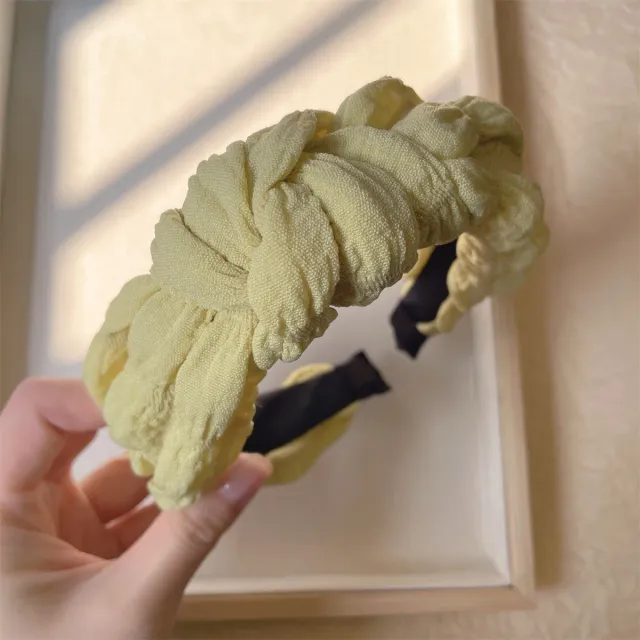 Bubble Crinkle Bow Twist Vintage Gentle Cream Headband Mustard Green - Shop at LoveMi