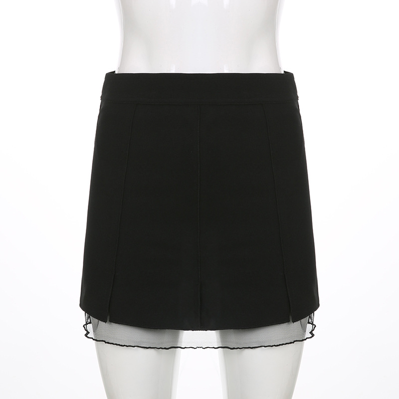 Low Waist Slit Stitching Mesh Gauze Double Elastic Skirt Female