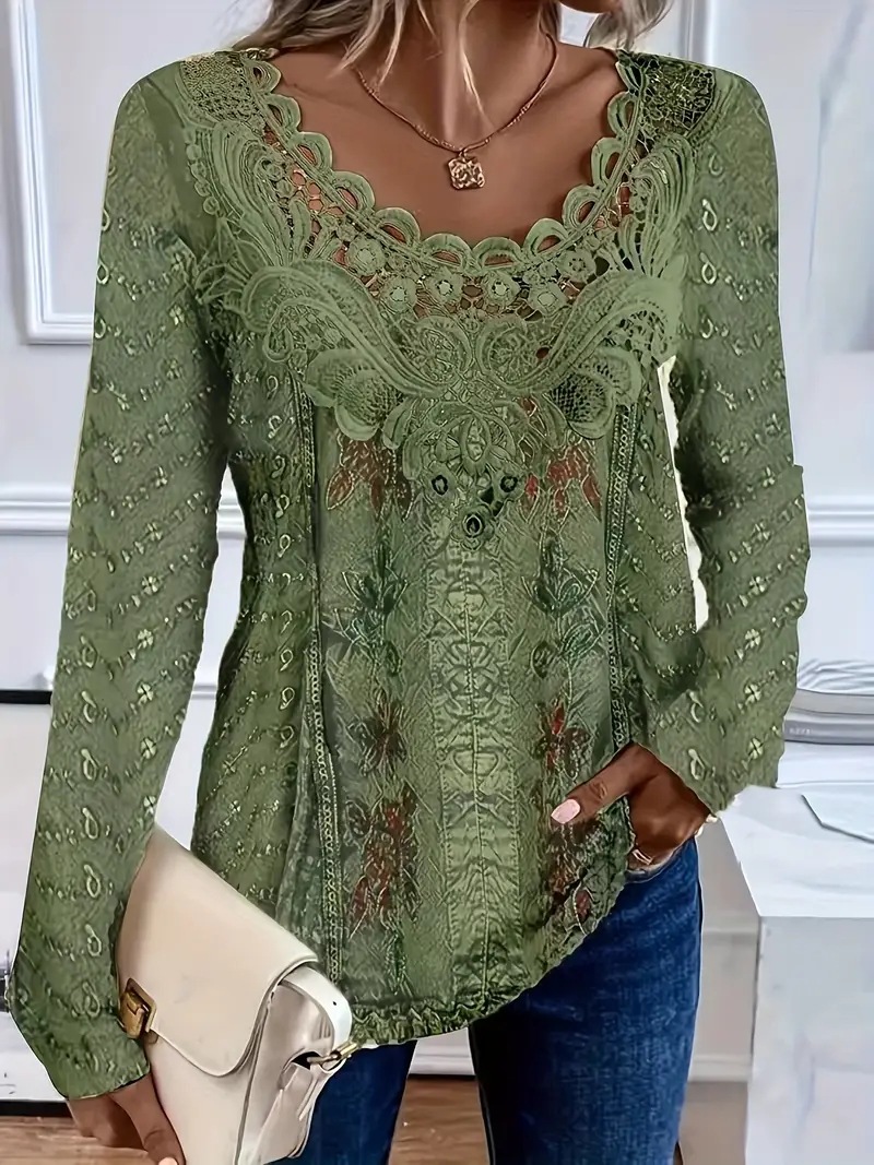 Fashion Elegant Digital Print Lace Spliced Crew Neck T-Shirt