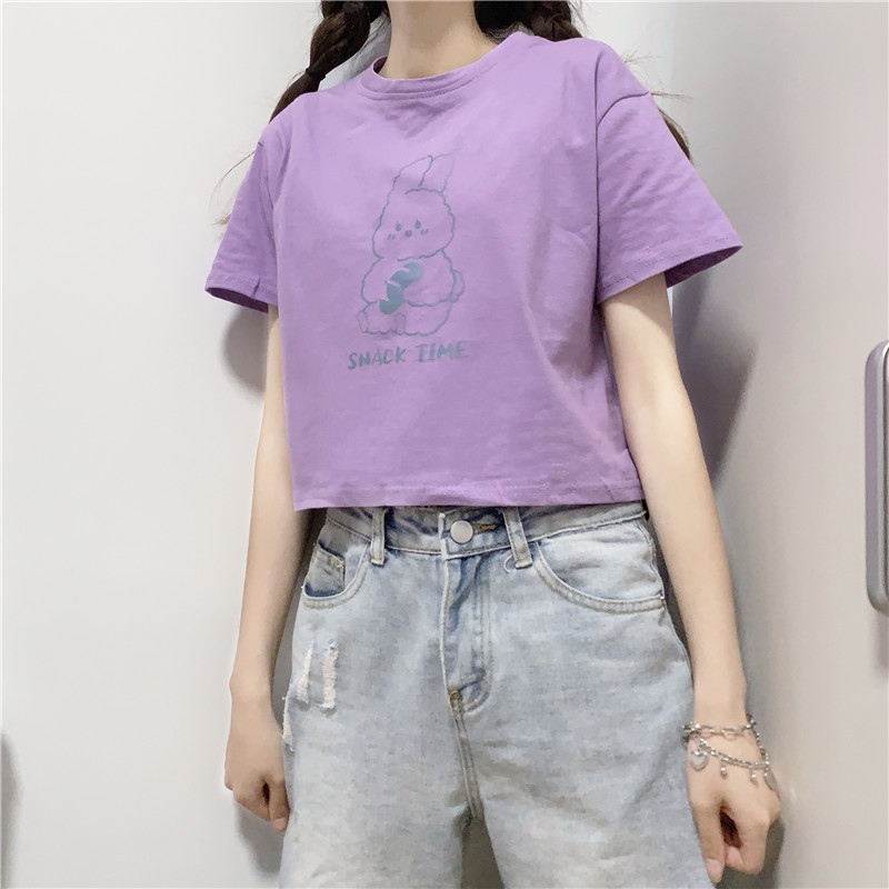 Cute Short Sleeve T-shirt Women's High Waist Cropped Navel