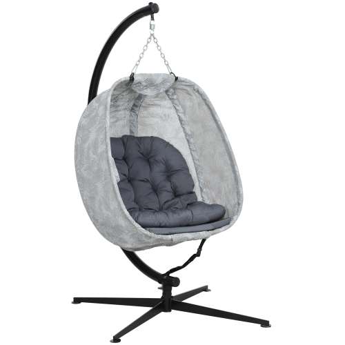Outsunny Hanging Egg Chair Outdoor Indoor Garden Swing Chair With Folding Basket, Garden Hanging Chair With Stand, Thickened Cushion, Cup Holder Fo... Grey - Shop at LoveMi