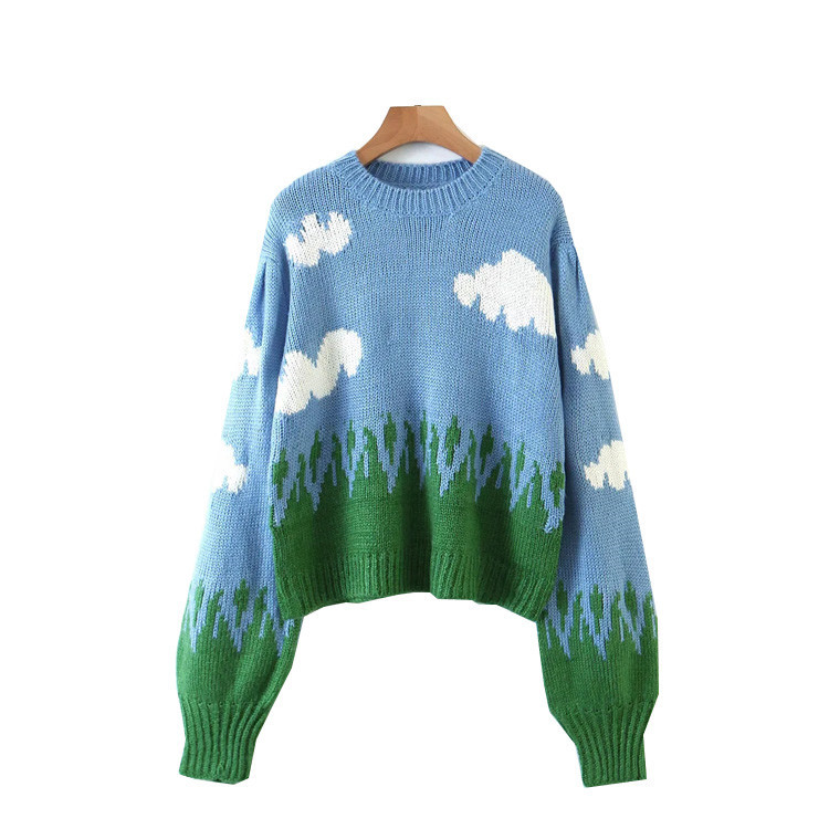 Title 5, Loose Sky Clouds Cartoon Long Sleeve Knitted Sw...