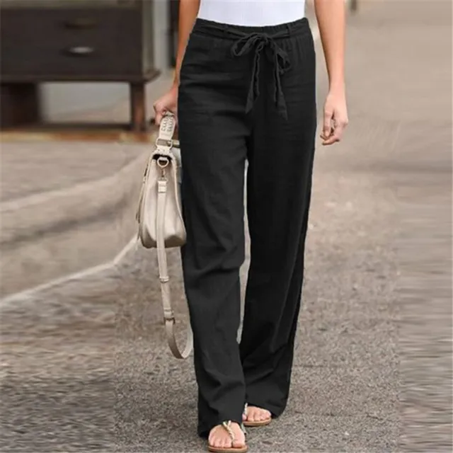 Elastic Waist Solid Color Cotton And Linen Belt Wide Leg Loose Trousers Black - Shop at LoveMi