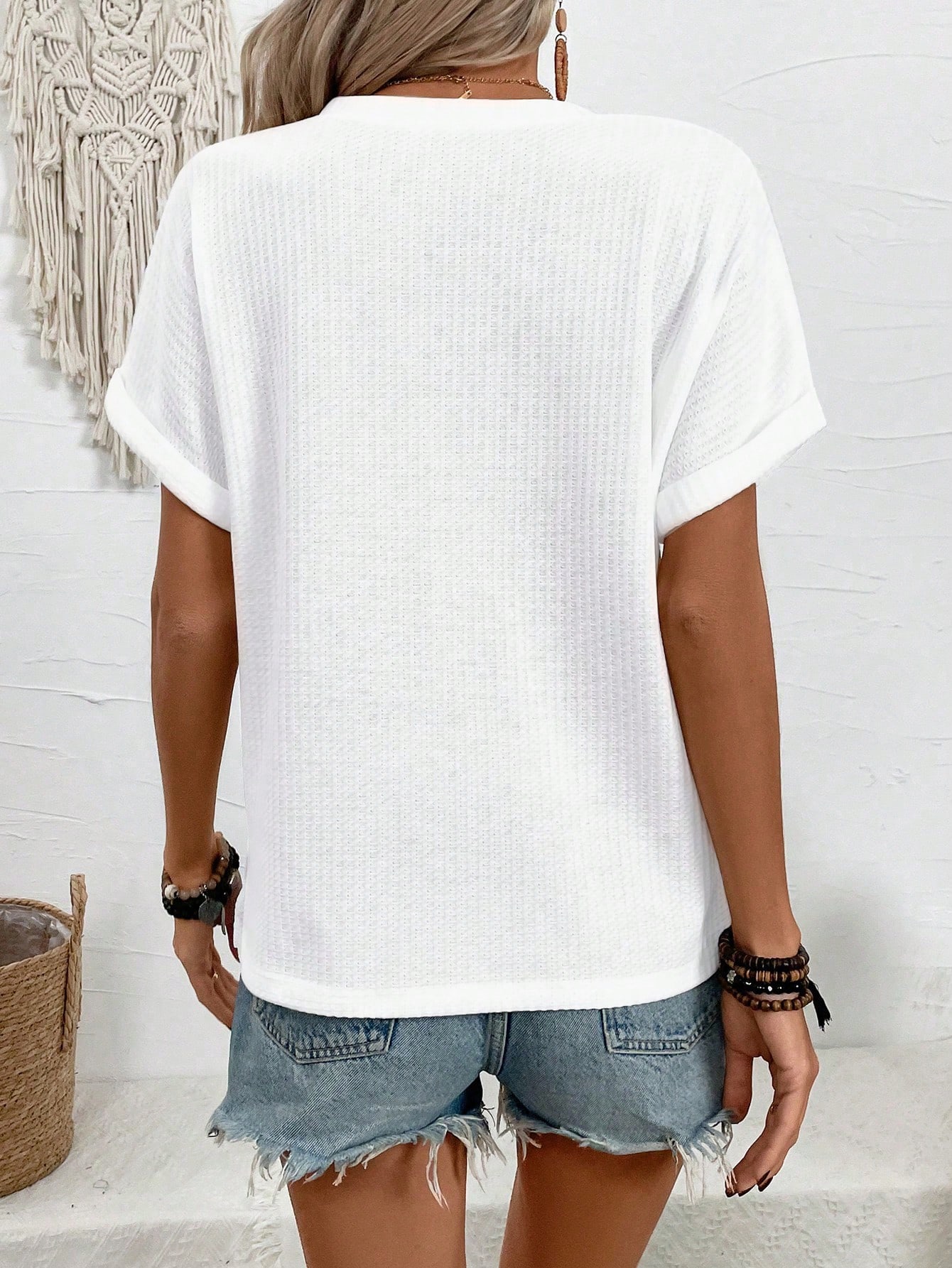 Women Summer Notched V-Neck Button Decor Casual T-Shirt