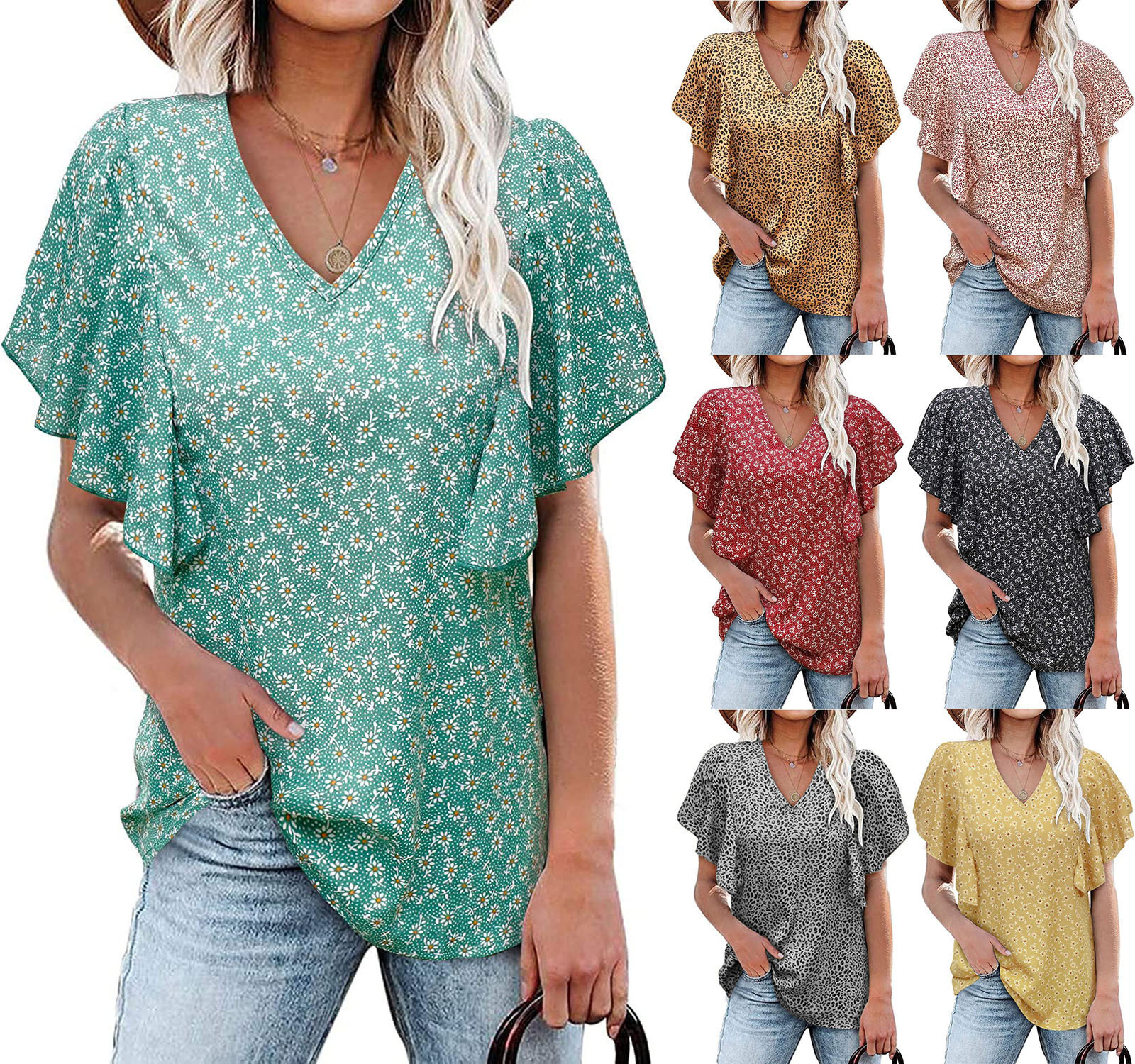 V Neck Floral Pleated Shirt Casual Short Sleeve Loose Top