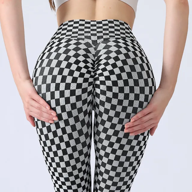 Women's Fashion Casual High waisted Hip lifting Yoga Pants Black White Check - Shop at LoveMi