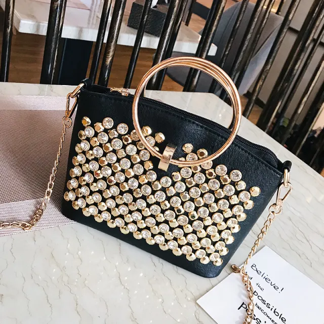 Fashionable Light Luxury Diamond Ring Single shoulder Diagonal Bag Gold - Shop at LoveMi