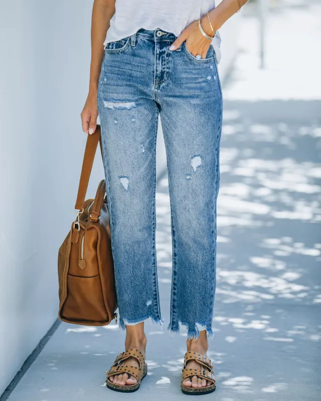 European And American Holes Light Blue Casual Nine piece Straight Jeans Women Light Blue - Shop at LoveMi