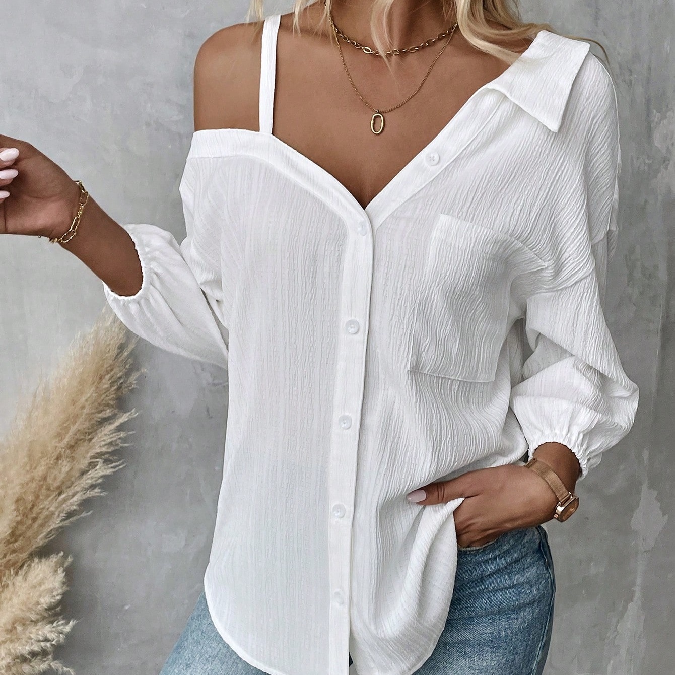 Fall Solid Color White Asymmetric Collar Dropped Shoulder Loose Casual Blouse Spring And Summer New Fashion Street Style Casual Asymmetrical Shoulder Shirt