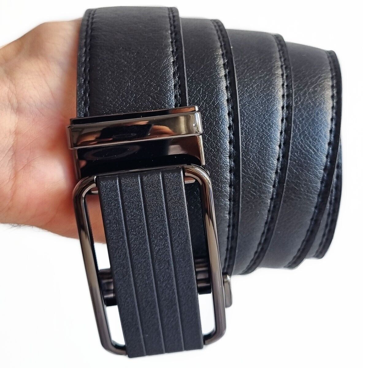 Men's Microfiber Leather Ratchet Belt with Slide Buckle, shipping details, features, and benefits of the product.