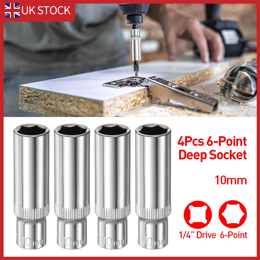 4Pc DEEP SOCKET SET CHROME PLATED METRIC 10mm GARAGE RACK HOLDER — image 5